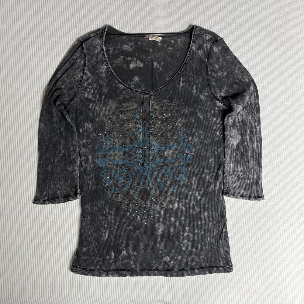 Energe World Wear Shirt Juniors L Gray Floral Rhinestone Tunic Top Embellished